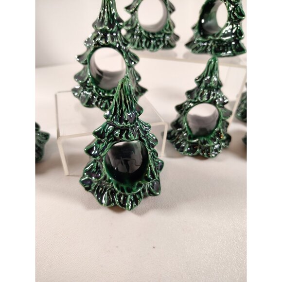8 Vtg Ceramic Mold Christmas Tree Napkin Rings Green Hand Painted 3.5" Tall - Picture 3 of 5